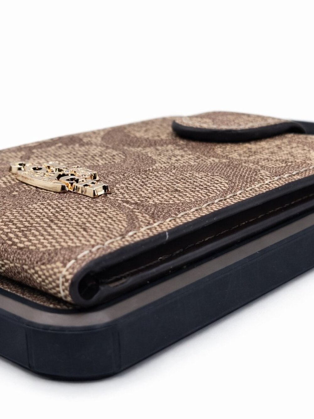 iPhone 14 Khaki Brown Canvas Signature Monogram Wallet Case with Gold Logo - Picture 6 of 6